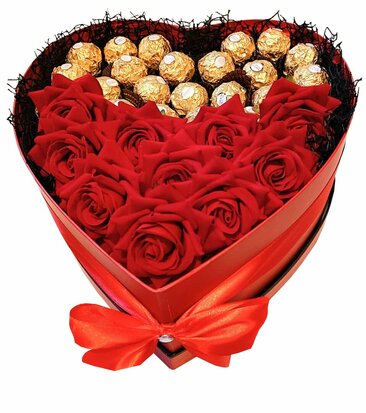 Chocolade Hart met rozen en ferrero Rocher - 28 cm 