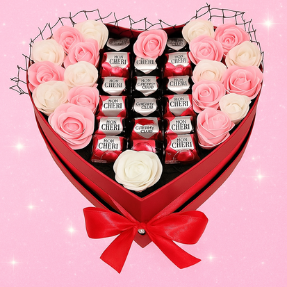 Chocolade Hart met rozen en Mon Cheri - 22 cm