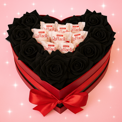 Chocolade Hart met rozen en Raffaello - 25 cm