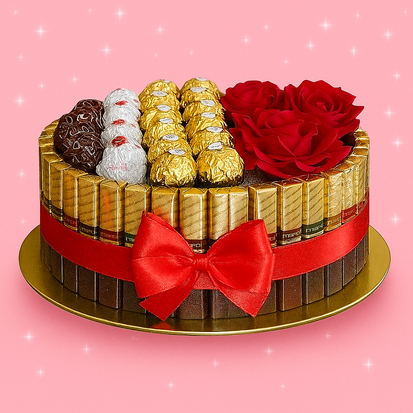 Luxe snoep cirkel Merci chocolade mix met rode rozen - 24cm